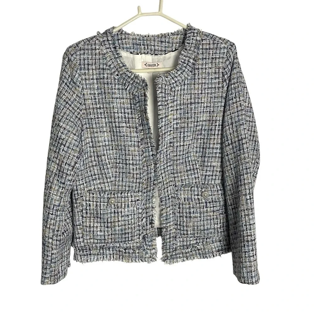 Nanette Lepore Nora‎ Boucle Jacket Womens L Blue Metallic Tweed Pearl Buttons - Picture 3 of 11